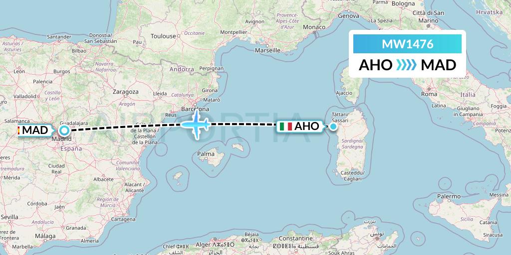 MW1476 Mokulele Flight Service Flight Map: Alghero to Madrid