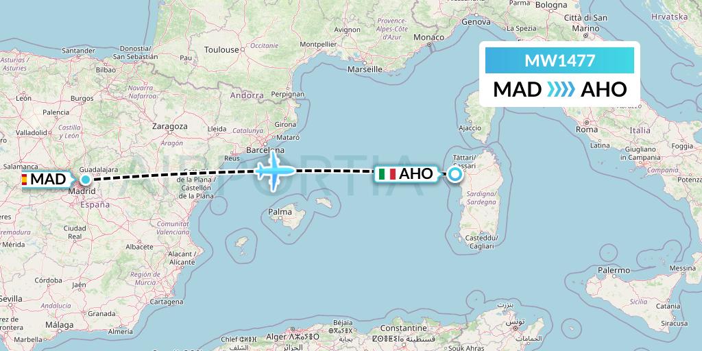 MW1477 Mokulele Flight Service Flight Map: Madrid to Alghero