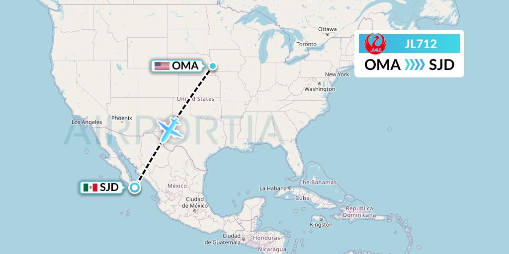 JL712 Japan Airlines Flight Map: Omaha to San Jose del Cabo
