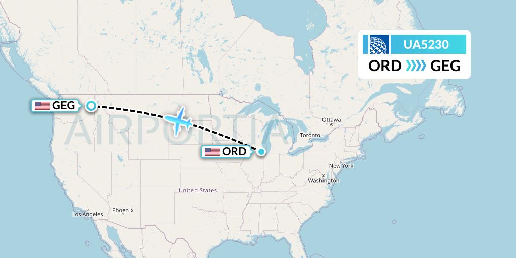 UA5230 United Airlines Flight Map: Chicago to Spokane