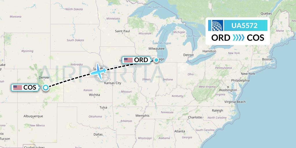 UA5572 United Airlines Flight Map: Chicago to Colorado Springs