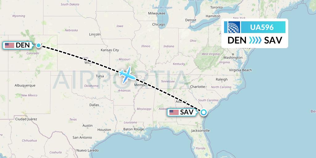 UA596 United Airlines Flight Map: Denver to Savannah