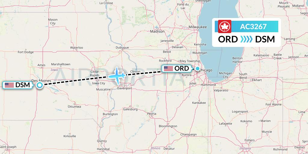 AC3267 Air Canada Flight Map: Chicago to Des Moines
