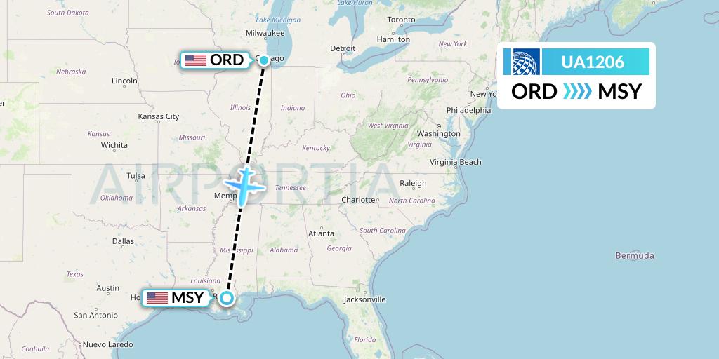 UA1206 United Airlines Flight Map: Chicago to New Orleans