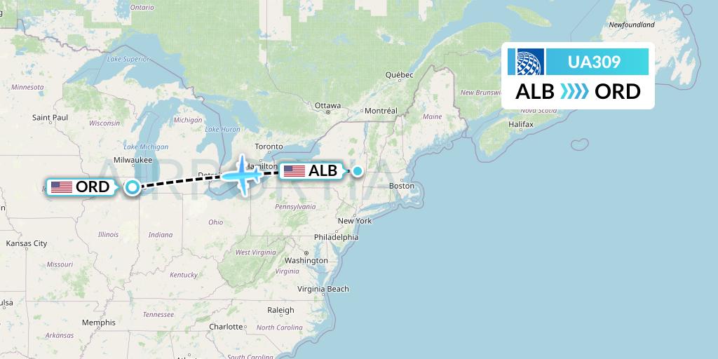 UA309 United Airlines Flight Map: Albany to Chicago