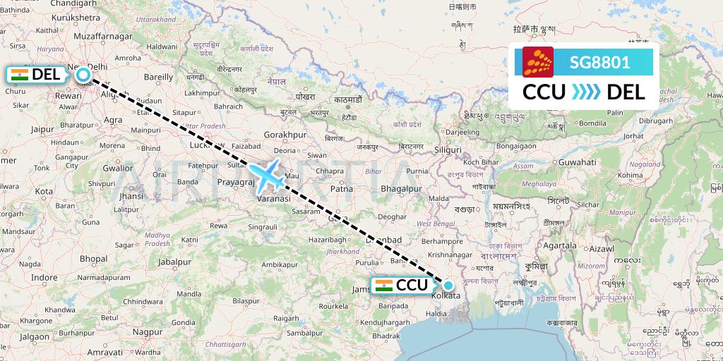SG8801 SpiceJet Flight Map: Kolkata to Delhi