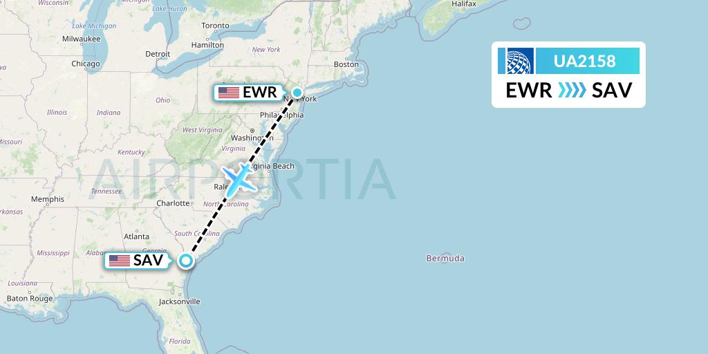 UA2158 United Airlines Flight Map: New York to Savannah