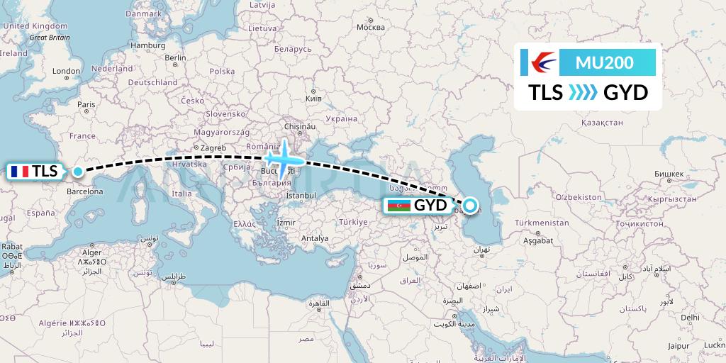 MU200 China Eastern Airlines Flight Map: Toulouse to Baku