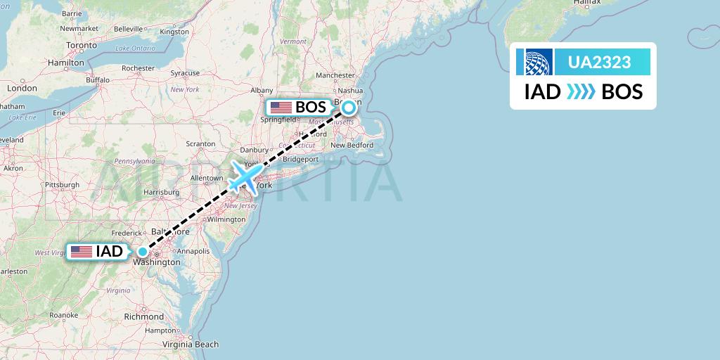 UA2323 United Airlines Flight Map: Washington to Boston
