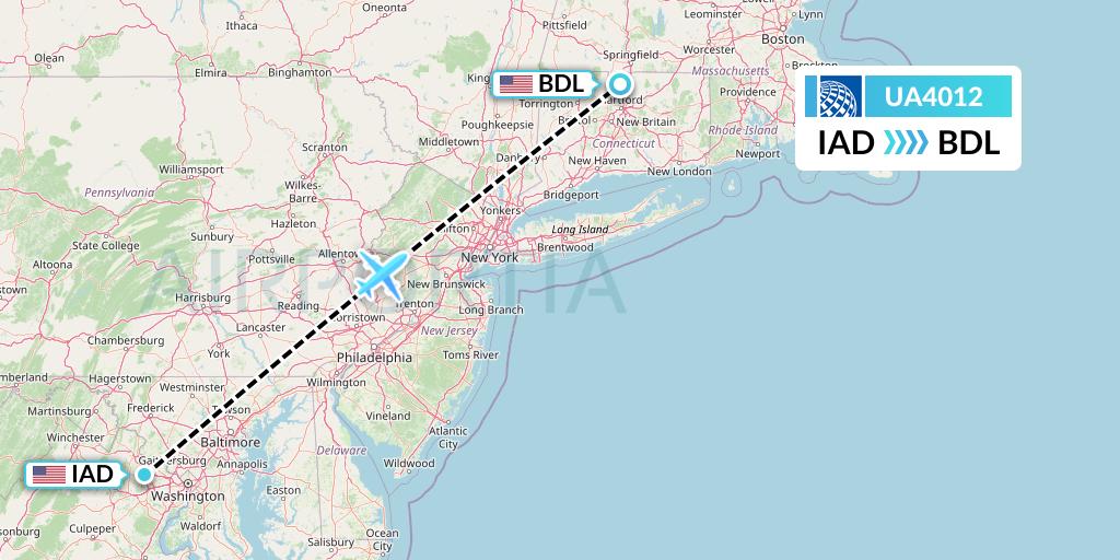 UA4012 United Airlines Flight Map: Washington to Windsor Locks