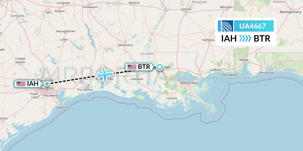 UA4667 United Airlines Flight Map: Houston to Baton Rouge