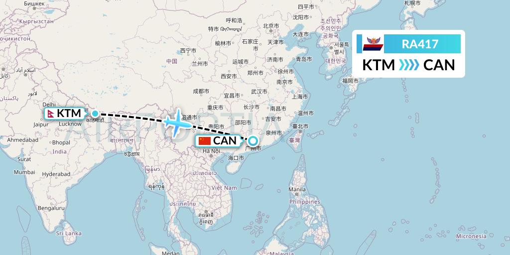 RA417 Royal Nepal Airlines Flight Map: Kathmandu to Guangzhou