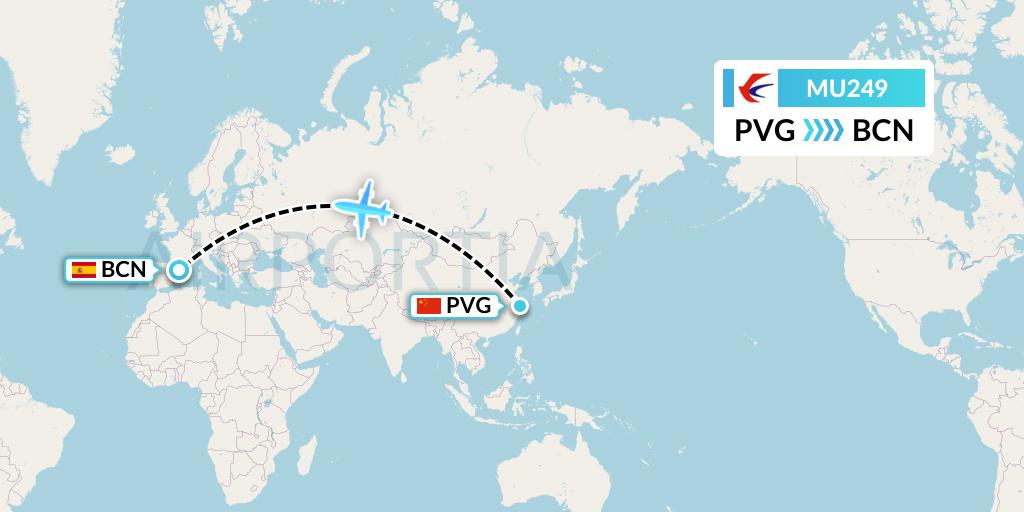 MU249 China Eastern Airlines Flight Map: Shanghai to Barcelona