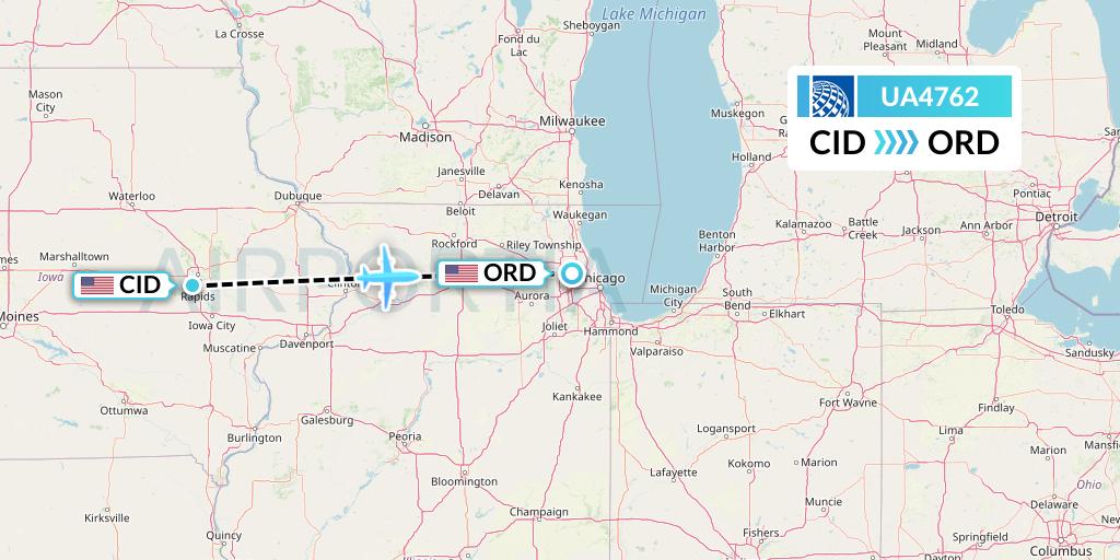 UA4762 United Airlines Flight Map: Cedar Rapids to Chicago