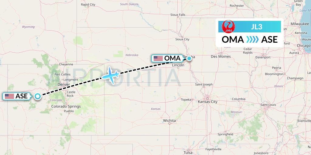 JL3 Japan Airlines Flight Map: Omaha to Aspen
