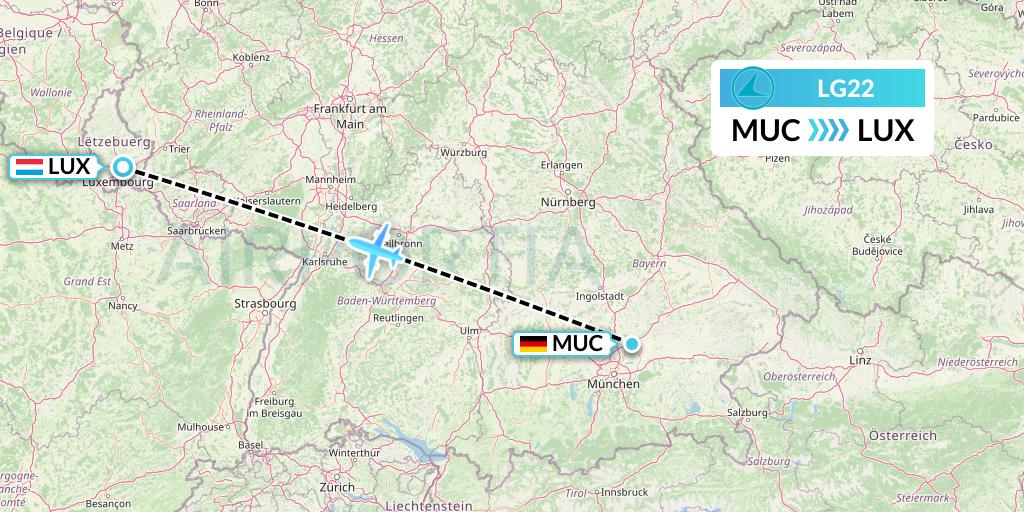 LG22 Luxair Flight Map: Munich to Luxembourg