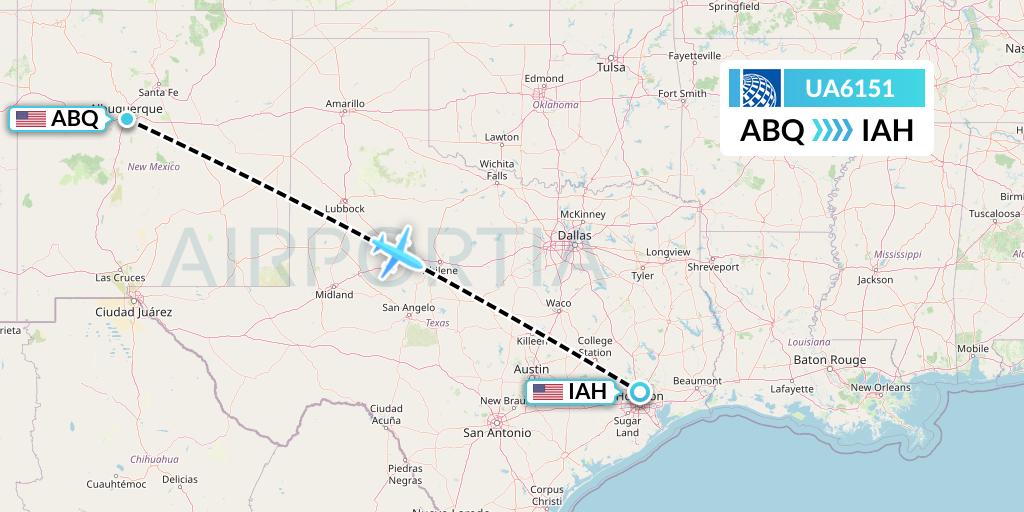 UA6151 United Airlines Flight Map: Albuquerque to Houston