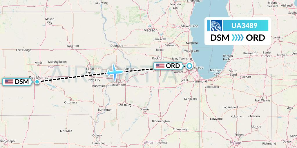 UA3489 United Airlines Flight Map: Des Moines to Chicago