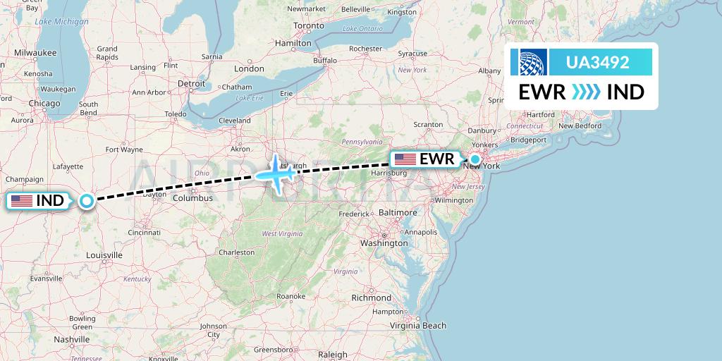 UA3492 United Airlines Flight Map: New York to Indianapolis