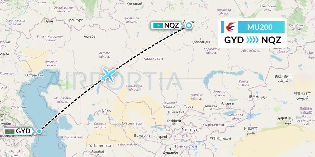 MU200 China Eastern Airlines Flight Map: Baku to Astana