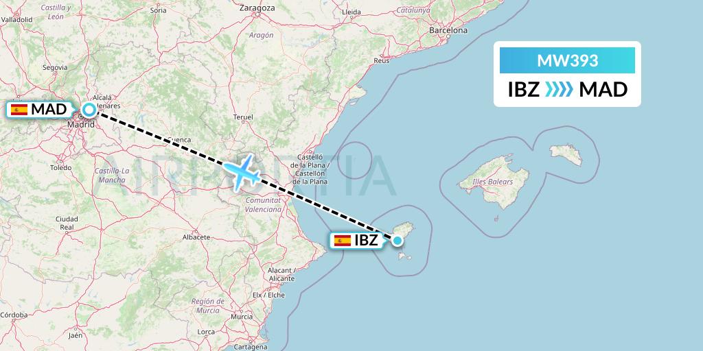 MW393 Mokulele Flight Service Flight Map: Ibiza to Madrid