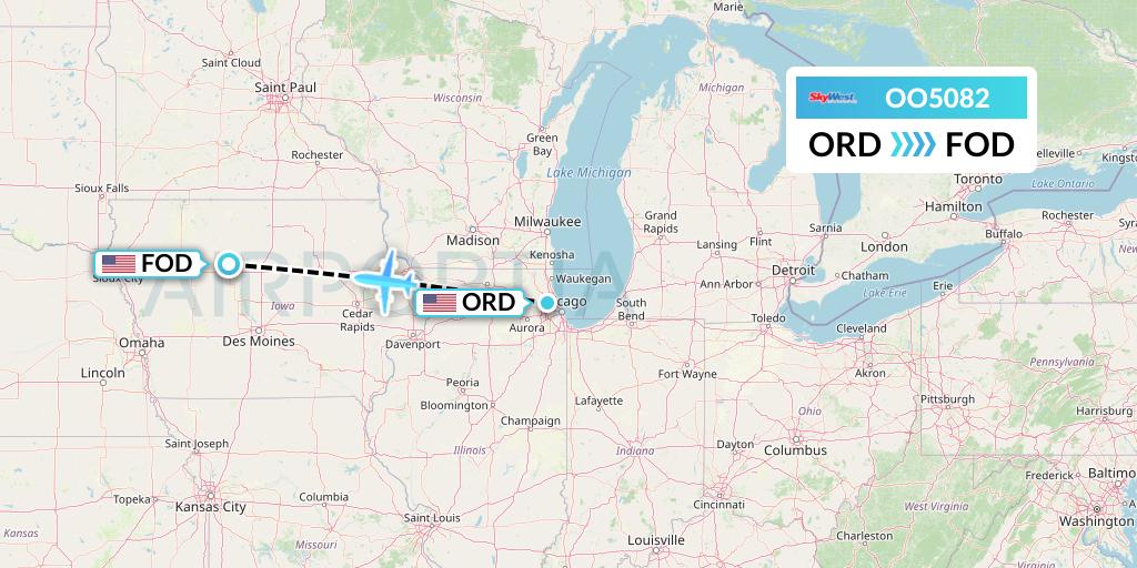 OO5082 SkyWest Airlines Flight Map: Chicago to Fort Dodge
