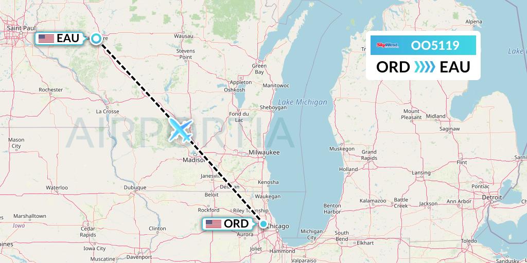 OO5119 SkyWest Airlines Flight Map: Chicago to Eau Claire