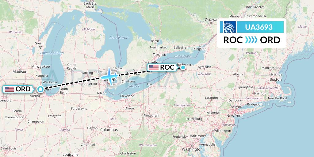 UA3693 United Airlines Flight Map: Rochester to Chicago