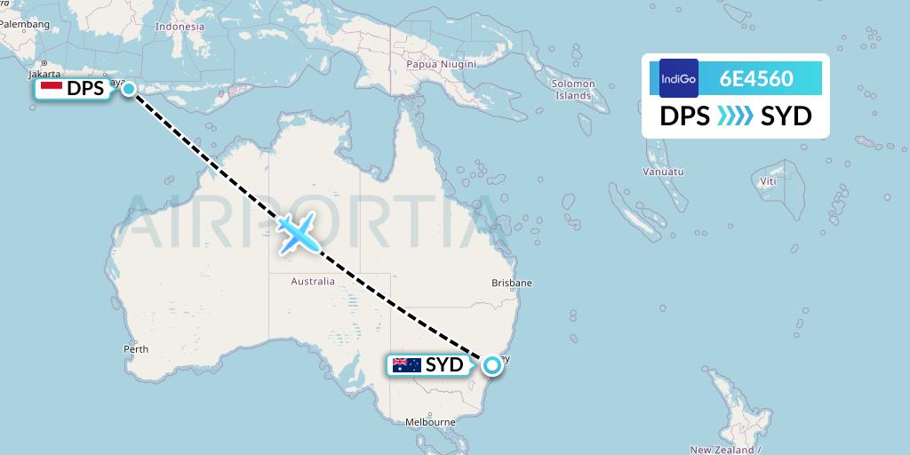 6E4560 IndiGo Airlines Flight Map: Denpasar to Sydney