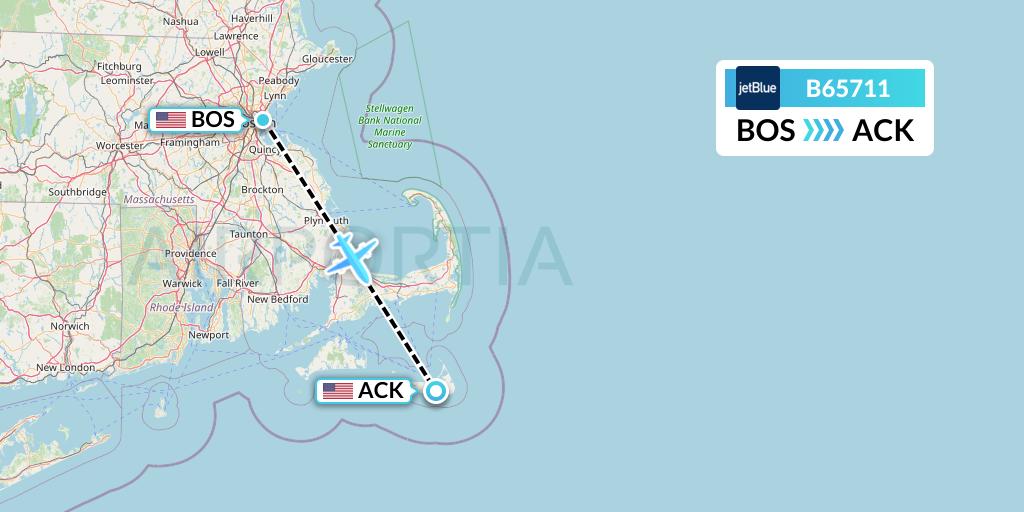 B65711 JetBlue Airways Flight Map: Boston to Nantucket