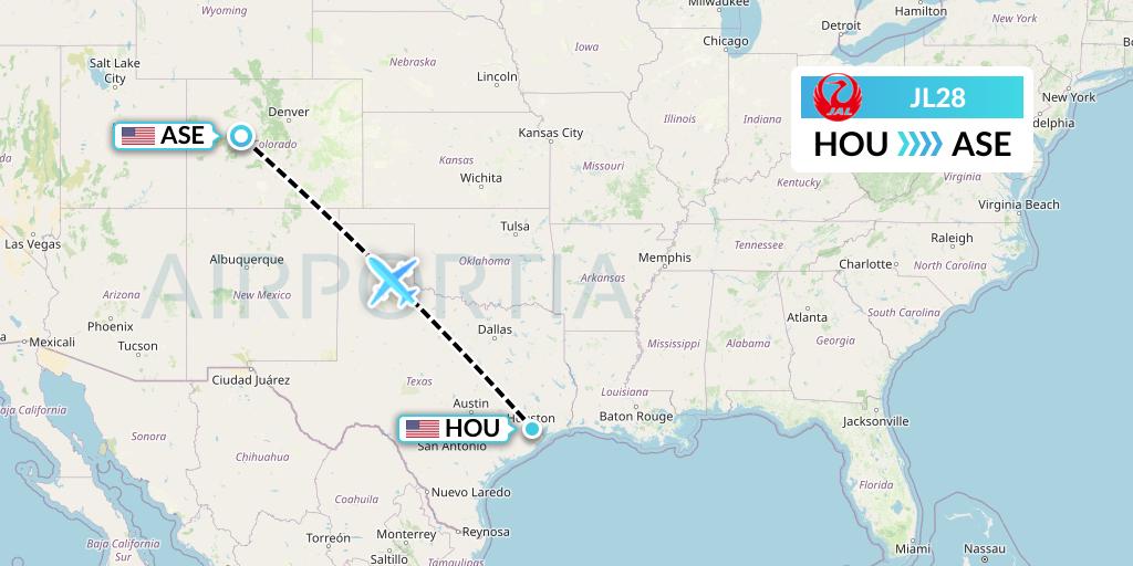 JL28 Japan Airlines Flight Map: Houston to Aspen