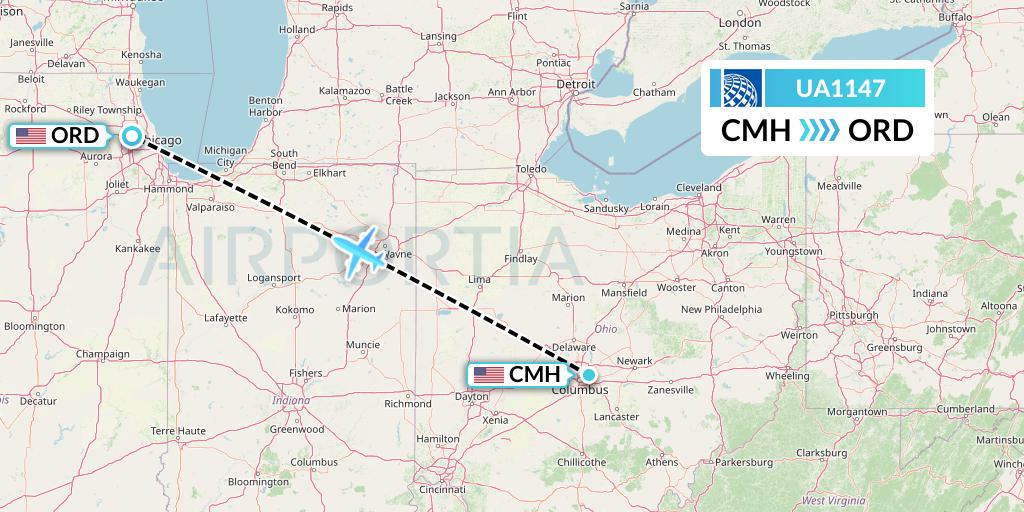 UA1147 United Airlines Flight Map: Columbus to Chicago