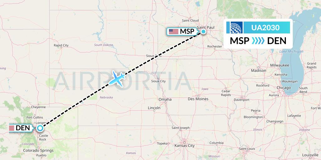 UA2030 United Airlines Flight Map: Minneapolis to Denver