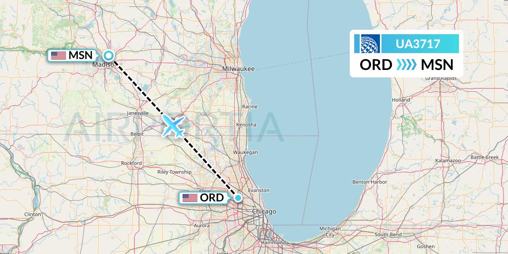UA3717 United Airlines Flight Map: Chicago to Madison