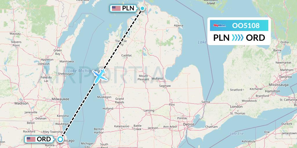 OO5108 SkyWest Airlines Flight Map: Pellston to Chicago