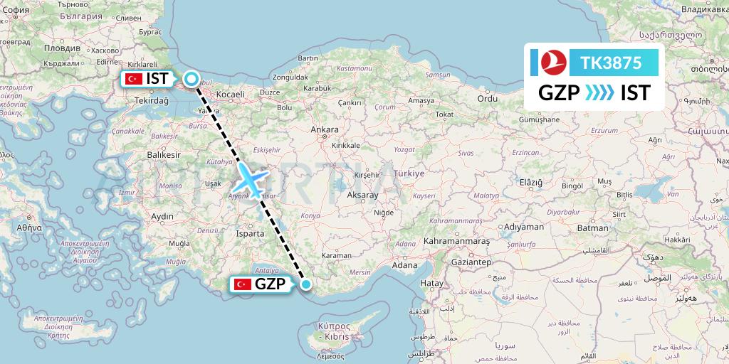 TK3875 Turkish Airlines Flight Map: Gazipasa to Istanbul
