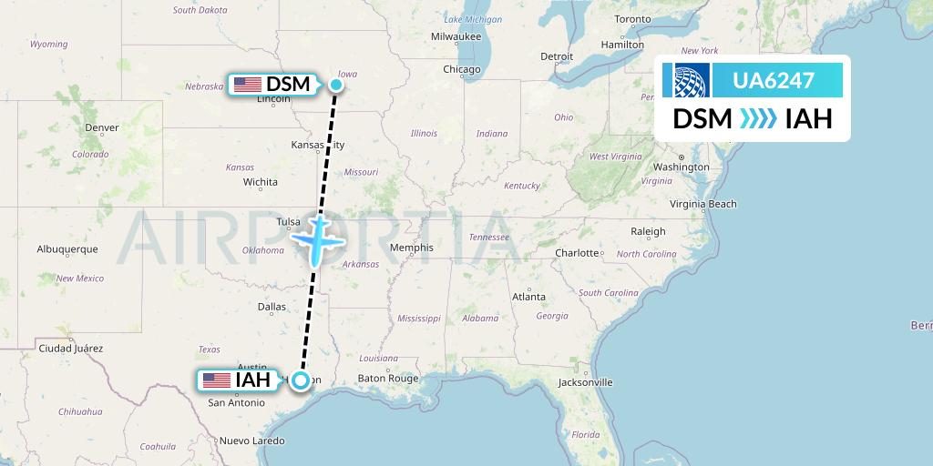UA6247 United Airlines Flight Map: Des Moines to Houston