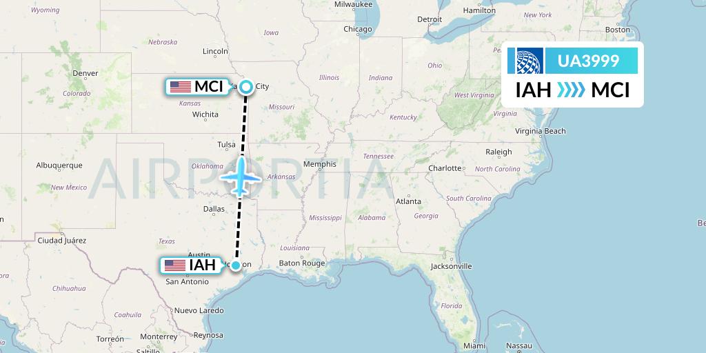 UA3999 United Airlines Flight Map: Houston to Kansas City