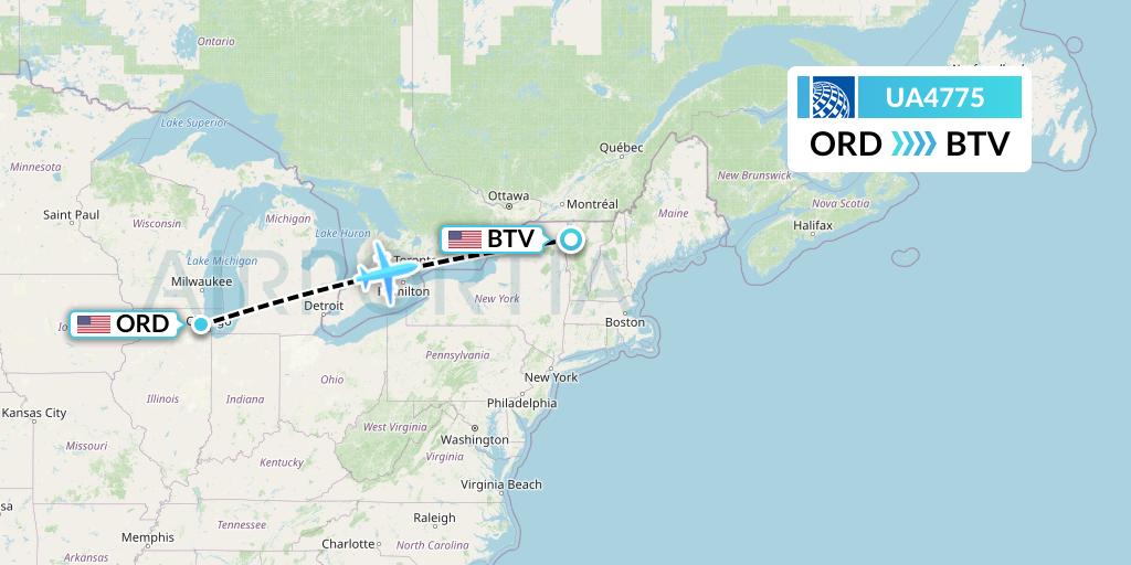 UA4775 United Airlines Flight Map: Chicago to Burlington