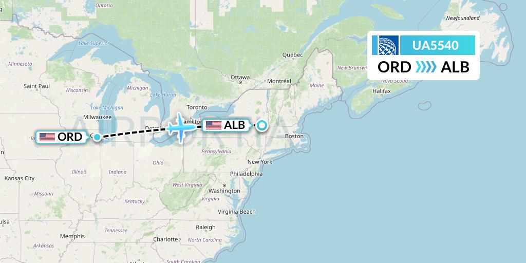 UA5540 United Airlines Flight Map: Chicago to Albany