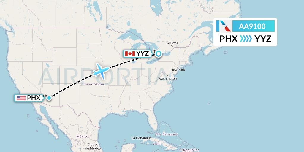 AA9100 American Airlines Flight Map: Phoenix to Toronto