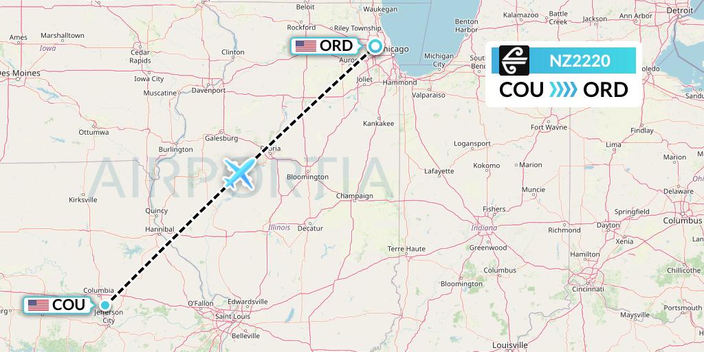 NZ2220 Air New Zealand Flight Map: Columbia to Chicago