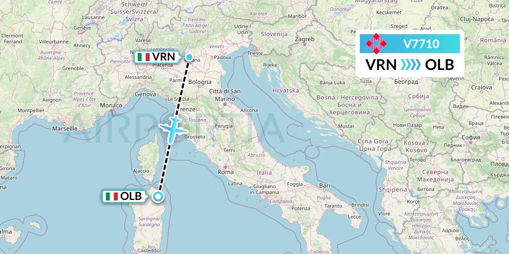 V7710 Volotea Flight Map: Verona to Olbia