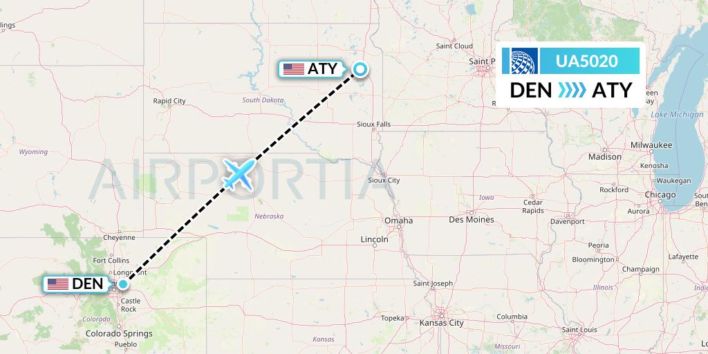 UA5020 United Airlines Flight Map: Denver to Watertown