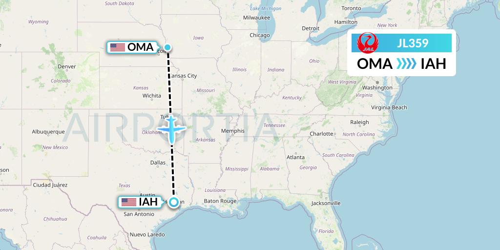 JL359 Japan Airlines Flight Map: Omaha to Houston