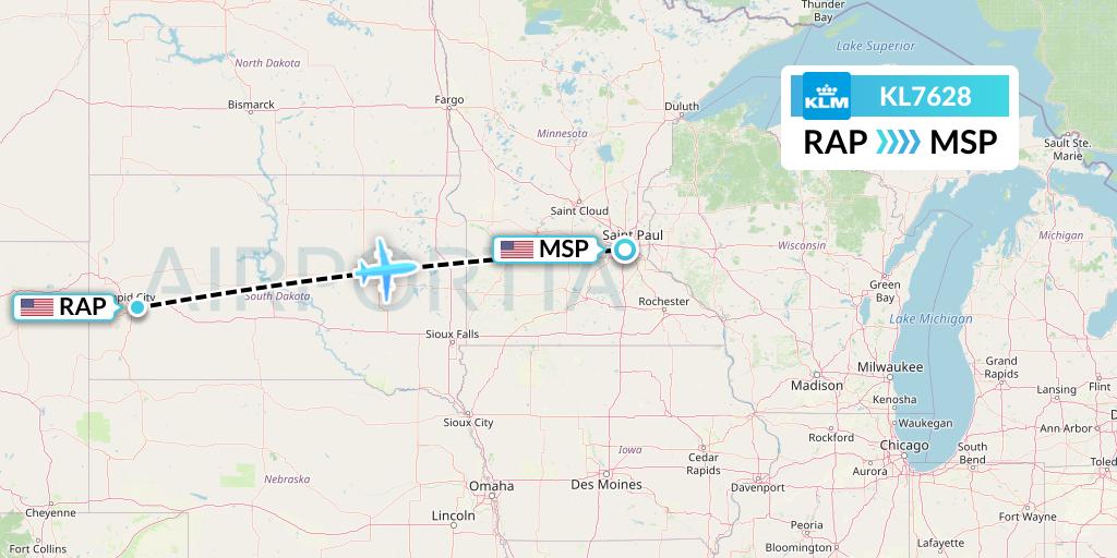 KL7628 KLM Flight Map: Rapid City to Minneapolis