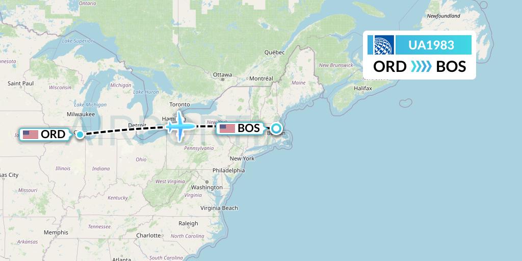UA1983 United Airlines Flight Map: Chicago to Boston