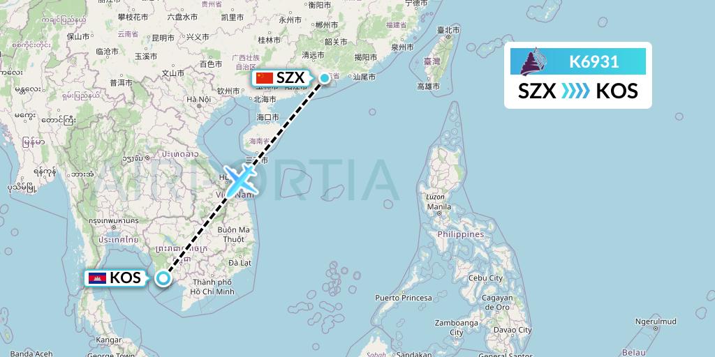 K6931 Cambodia Angkor Air Flight Map: Shenzhen to Sihanoukville