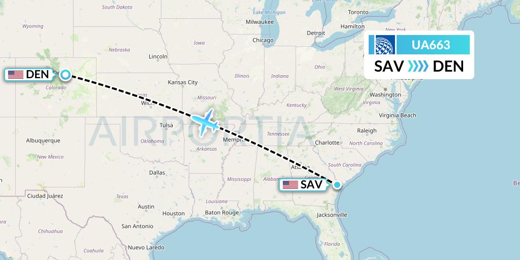 UA663 United Airlines Flight Map: Savannah to Denver