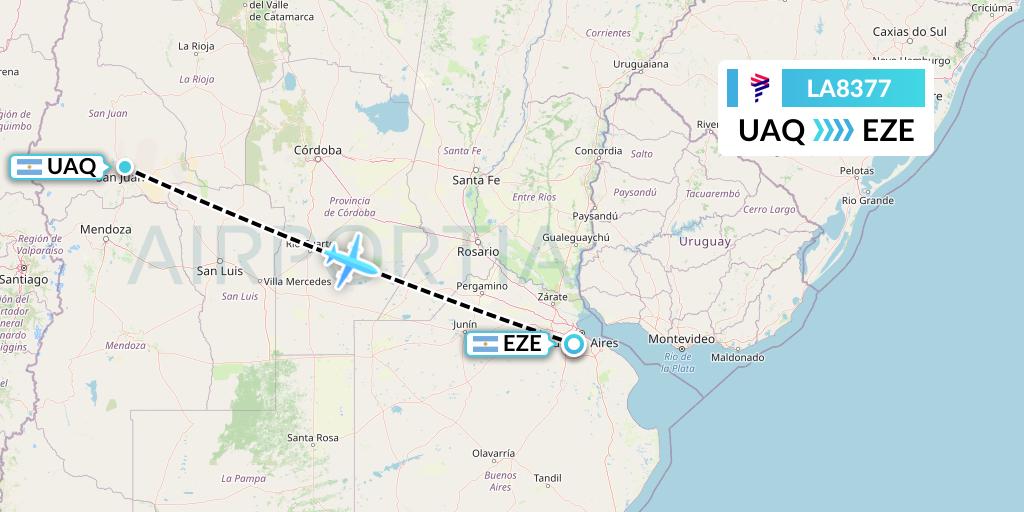 LA8377 LAN Airlines Flight Map: San Juan to Buenos Aires